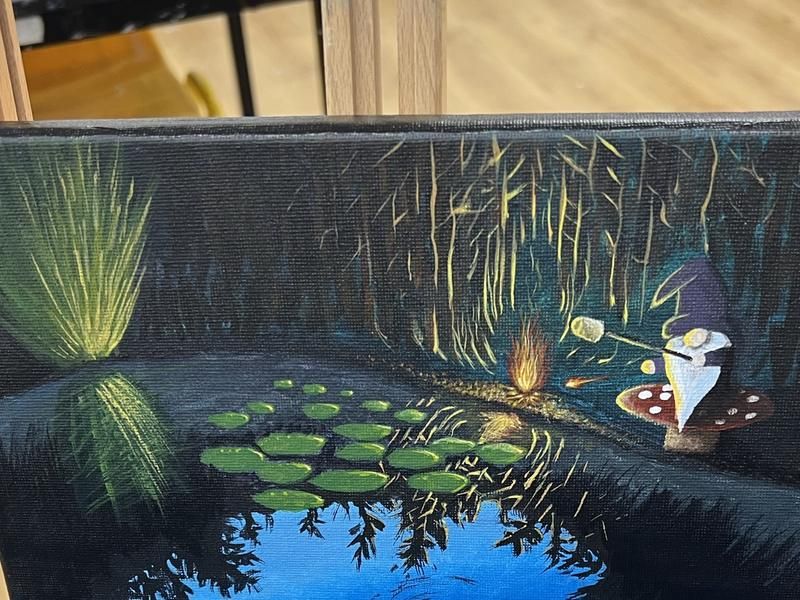 Acrylic painting of a moonlit pond with lily pads and glowing reflections, from the Wednesday evening acrylic course