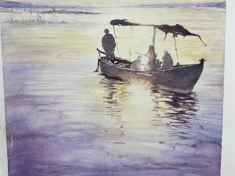 Student watercolour of a boat on a lilac sunset sea