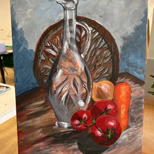 Acrylic still life of a jug with tomatoes and apples