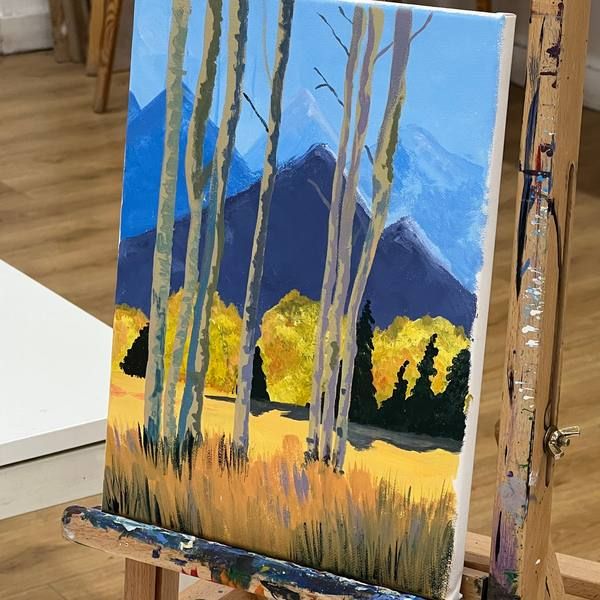 Acrylic painting of silver birch trees on an easel