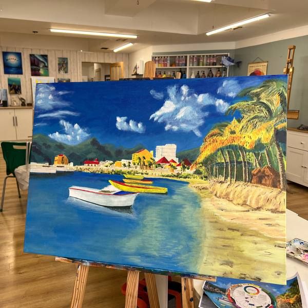 Acrylic harbour painting on an easel