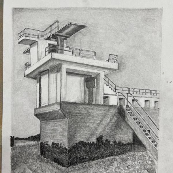 Pen and graphite drawing of a lifeguard tower