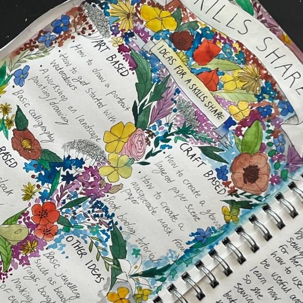 A student sketchbook page with botanical drawings and lettering