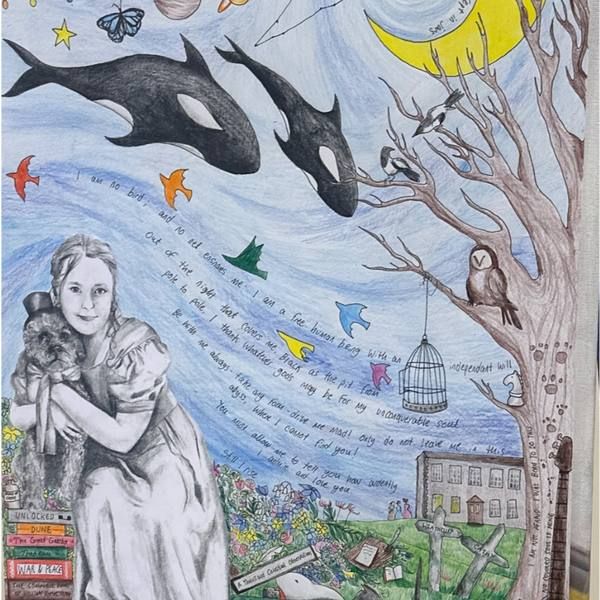 A student’s illustrated mixed-media composition with whales, birds and a figure