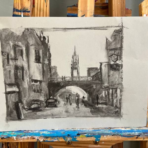 Graphite drawing of a Chester street scene