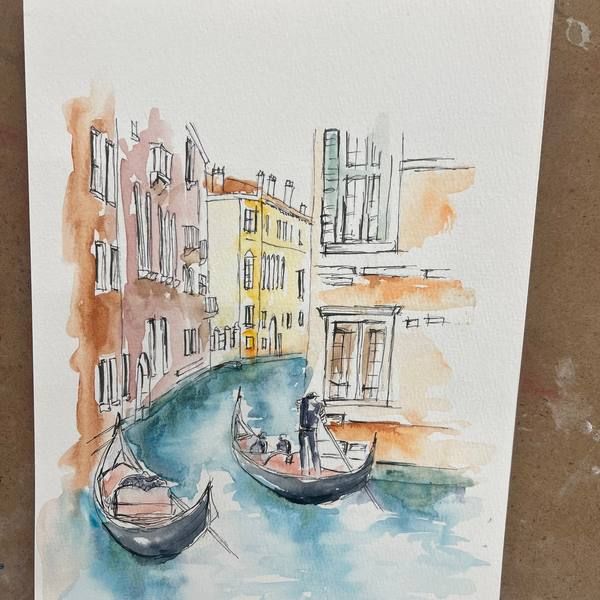 Watercolour of Venice canal buildings