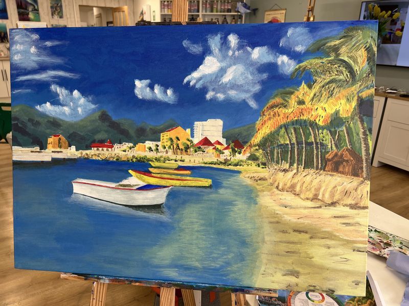 Bright acrylic painting of boats in a sunny harbour with palm trees