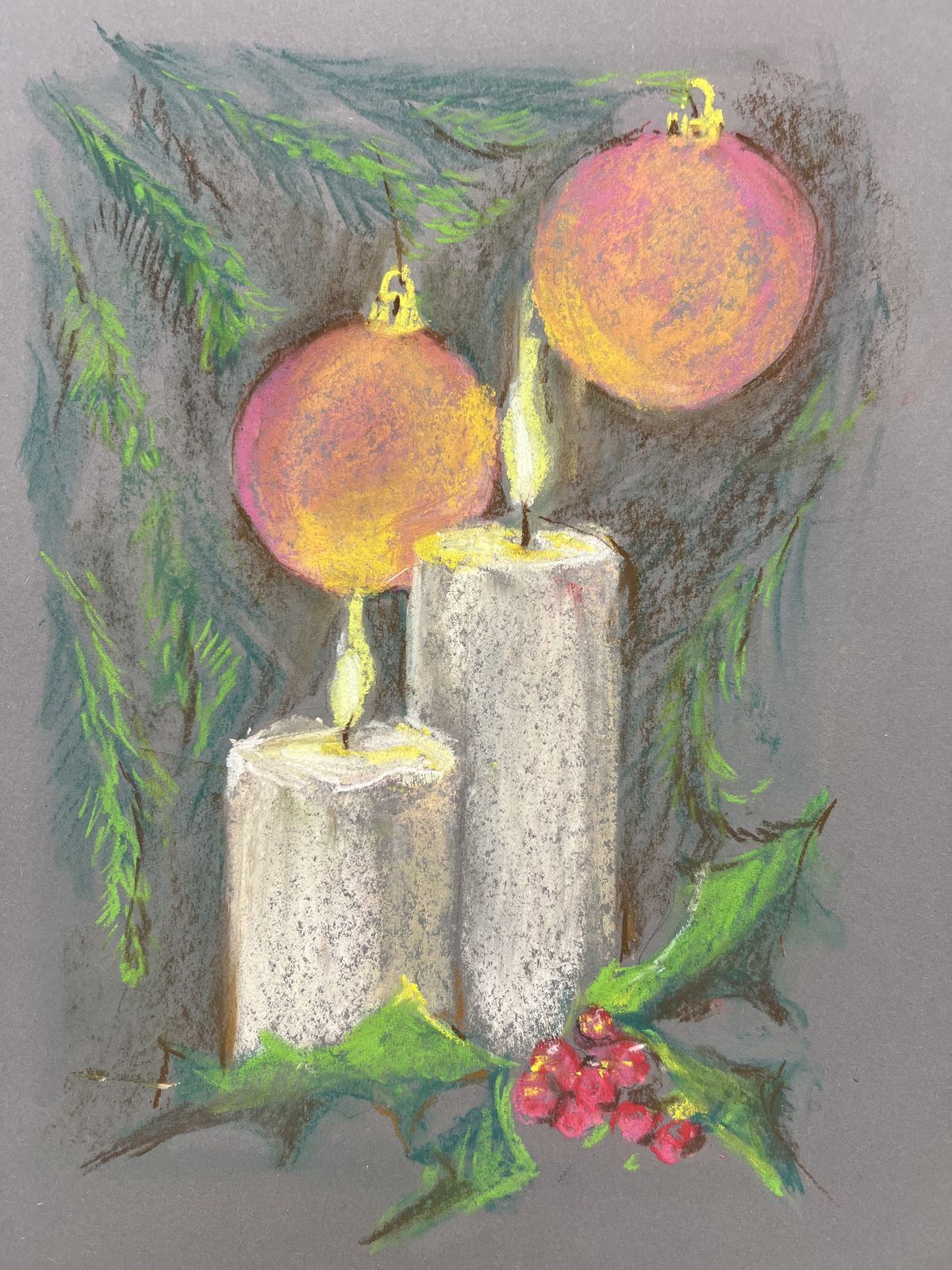 Festive still life painting of candles and baubles