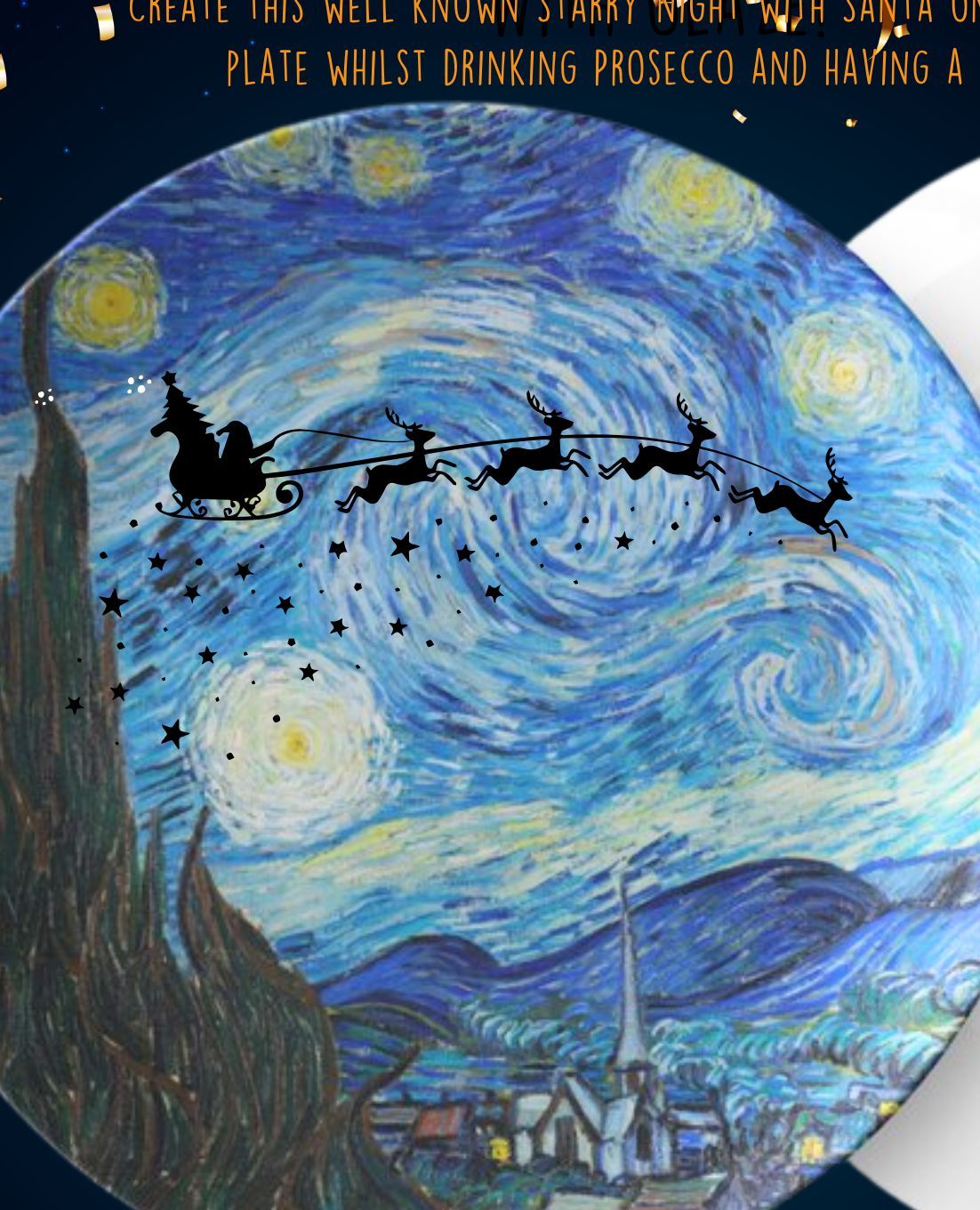 Christmas plate painted with a Starry Night winter scene
